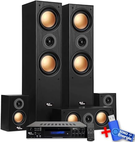 Evidence Acoustics Ensemble Home-Cinéma EA950-PG - 5 Enceintes 850W Ampli 5.2, USB BT FM - 4 x75W, 3 x20W+ Clé USB 32G