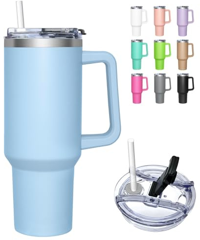 HNCY Taza de Cafe con Tapa 2 en 1, 1180 ml Taza Termo Cafe Para Llevar, Vaso Termico con Tapa y Pajita, Travel Mug de Acero Inoxidable con Asa
