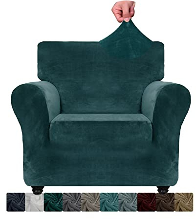 CHELZEN Velvet Chair Covers for Armchairs 1 Seater Thick Stretch Couch Covers for Dogs Pets Non-Slip Chair Slipcover with Arms Furniture Protector for Living Room (1 Seater, Blackish Green)