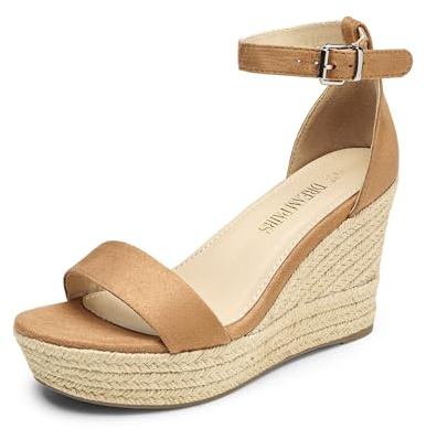 DREAM PAIRS Women's Platform Wedges Sandals, Comfortable Open Toe Espadrilles Sandals Dressy Buckle Ankle Strap Summer Shoes,Size 8,Khaki