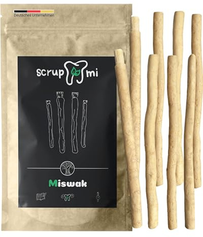 Scrupmi® Siwak Zahnbürste, 8er Pack Zahnputzholz, höchste Qualität/ 100% Natur & 0% Plastik/vegan, wiederverwendbar & biologisch abbaubar/immer & überall Zähne putzen | Natürliches Zahnputzholz ohne Plastik, vegan, wiederverwendbar & biologisch abbaubar – für saubere, weiße Zähne überall