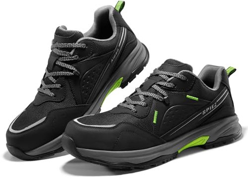 SPIEZ Safety Trainers for Men, Oilproof Trainers Work Shoes Non Slip Hiking Shoes, Black Green UK 6.5