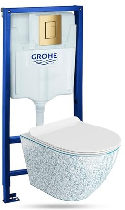 Lavita Vorwandelement Solido + Wand Hänge WC Sofi Slim Kresz Weiß/Blau Spülrandlos + WC Sitz mit Absenkautomatik Goldener Knopf Komplettset Unterputz Spülkasten Toilette Komplett Sett WC