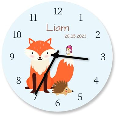 Faramosa Kinder Wanduhr Fuchs mit Namen Geburtsdatum Kinderuhr Tiere Jungen Mädchen Uhr lautloses Uhrwerk