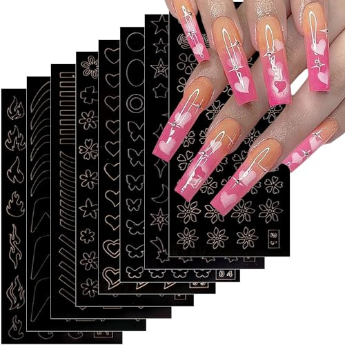 Star Moon Heart Butterfly Flame Flowers French Tip Nail Stickers & Decals, 8 Sheets Airbrush Nail Stencils for DIY Manicure Decoration