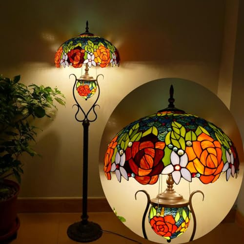 Ø46CM Rosen Wohnzimmer Stehleuchte mit Kabelzugschalter Retro Büro Glasmalerei Stehlampe mit Fußschalter 4 Flammig E27 Vintage Schlafzimmer Leselicht Nachtlicht Standllampe für Loft Bar coffe