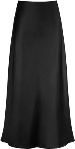 FZKun Gonna Lunga In Satin Da Donna - Gonna Estiva Elegante E Fluida In Tinta Unita Vita Alta Elastica Linea A Gonna Sirena Modesta Gonne Da Lavoro Classiche (S,Nero)