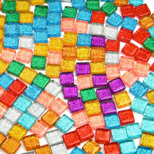 AUAUY Carreaux de mosaïque carrés en verre de couleurs mélangées, kit de pierres de mosaïque pour fabrication à la main, pièces en verre à paillettes multicolores pour projets artistiques, décoration