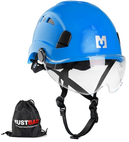 MUSTBAU Säkerhetshjälm med visir, EN 12492 ventilerad hård hatt som arbetar på höjd, lågprofil byggnadsställningar hjälm med hakrem och reflekterande remsor för konstruktion, klättring, skogsbruk 53