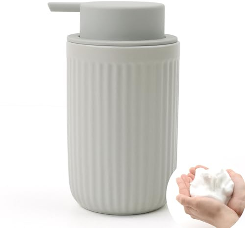 Seifenspender Umlaca Spülmittelspender, Nachfüllbarer Soap Dispenser Keramik 350ml, Großer Pumpenkopf lässt Sich leicht drücken, Geeignet für Küche, Bad (Streifen Grau, Schaumseifenspender)