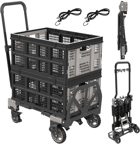 2-in-1 Sackkarre Klappbar mit 2 klappbox, Transportwagen mit Verstellbarer Griff und 2 Elastische Schnüre, Transportkarre max.75KG - Plattformwagen max.150KG, Leicht, Aber Stark