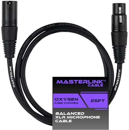 MASTERLINK XLR Cables 25FT | XLR to XLR Microphone Cable, 3-Pin Female to Male Black Audio - Studio-Grade Gold Plated Connectors, OFC Copper Shielding XLR Cable for Microphones, Speakers, Mixers