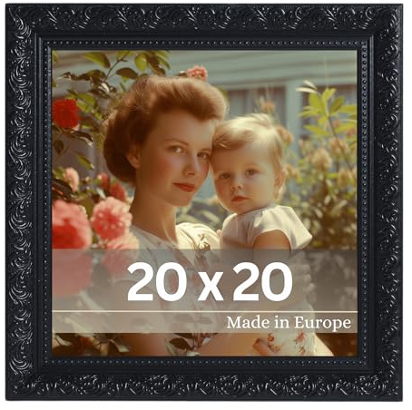 VictoR vintage Bilderrahmen „Rubens“ in 20x20 cm schwarz - Leiste: 30x20mm - Echtglas - Fotorahmen barock - antik - Bilderrahmen 20x20 schwarz - Quadratisch