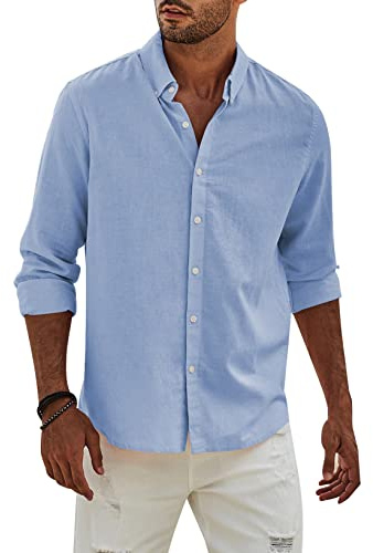 Elegancity Camicia Lino Uomo Manica Lunga Elegante Camicia Uomo Casual con Bottoni Cotone Regular Fit con Bottoni Tinta Unita，Azzurro Cielo-4 XL