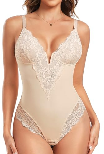 Tuopuda Shapewear Damen Bauchweg Body Shaper Shaping Bodysuit Women Formender Stringbody mit Abnehmbares Brustpolster Tanga Miederbody Sculpting Figurenformend Bodys, Beige, XXL