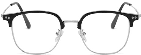 LJCZKA Blåljusfilter glasögon halvkantlös metallram datorglasögon för män kvinnor kvadratiska utan styrka anti-trötthet, anti-blått ljus TV-arbete spelglasögon, svart silver, 50-20-140