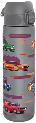 ION8 Water Bottle, 500ml/18oz, Slim Leak Proof & BPA-Free Drinking Bottle, Secure Lock Prevents Spills, Dishwasher Safe, Carry Handle, Ideal for Adults & Kids - Travel, Gym & School, Sport Cars Design