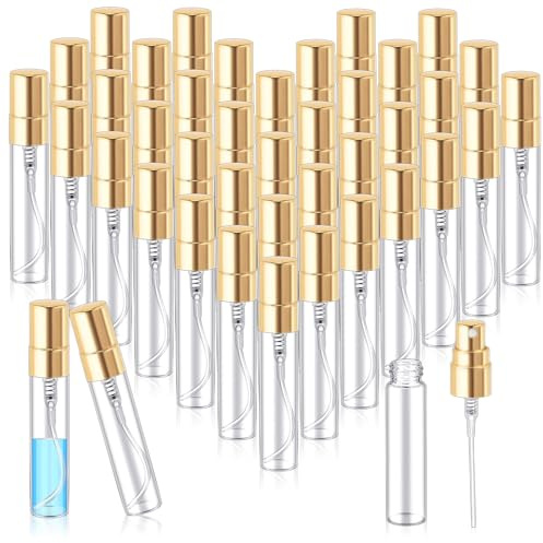 Zhehao 50 Pcs Mini Spray Bottles 5 ml Clear Glass Perfume Bottles Refillable Fine Mist Perfume Atomizer Portable Empty Sample Containers for Cleaning, Essential Oils, Travel (Gold Cap)