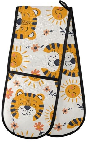 Ofenhandschuhe, doppelte Ofenhandschuhe, Tigerkopf, Gänseblümchen, weiß, hitzebeständig, gesteppt, für Grillen, Backen, Küche, Kochen, Handschuhe