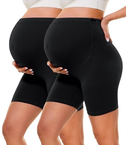 BAYDI Creamlush, mammabyxor, korta – 13 cm gravidleggings, andningsbart mammamode med justerbar linning för yoga, pilates, hemmapyjamas, 2-pack - svart/svart, L