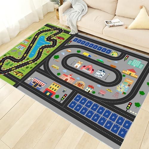 VHCLYBJU Autoteppich, Straßenteppich Kinder Spielteppich Straße & Auto - abwaschbar, rutschfest zertifziert - Teppich Jungen & Mädchen Kinderzimmer - Kinderteppich (120X180CM, ZC)