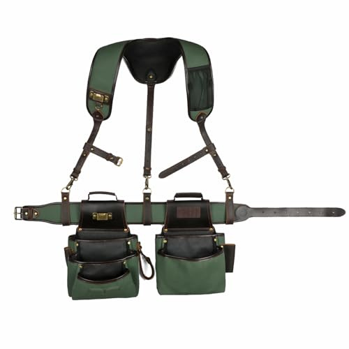 TOURBON Werkzeuggürtel aus Canvas und Leder mit Hosenträgern, vielen Taschen, Elektriker-Bautasche