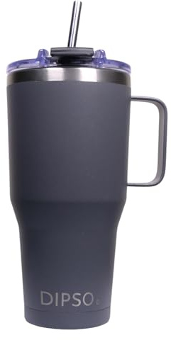 DIPSO Taza Térmica de Acero Inoxidable con Tapa a Rosca Antiderrames y Pajita - Vaso Térmico con Asa Metálica Soldada para Casa, Coche y Oficina - Mantiene Frío y Calor (600 ml Gris)