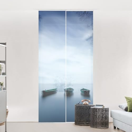 micasia Schiebegardine halbtransparent 60er Paneel Klett Natur Textil lichtdurchlässig - Motiv Modern Flächenvorhang blau Wohnzimmer Schlafzimmer 1593 (120x250 cm - 2er Set)