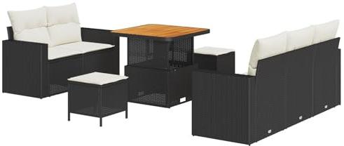 vidaXL Set de Sofá de Jardín de 8 Piezas con Cojines Crema, Muebles de Ratán Negro para Patio y Balcón. Colección Terraza, Asientos en Esquina, Estilo Lounge Moderno, Grupo de Relax, Kit de Mesa
