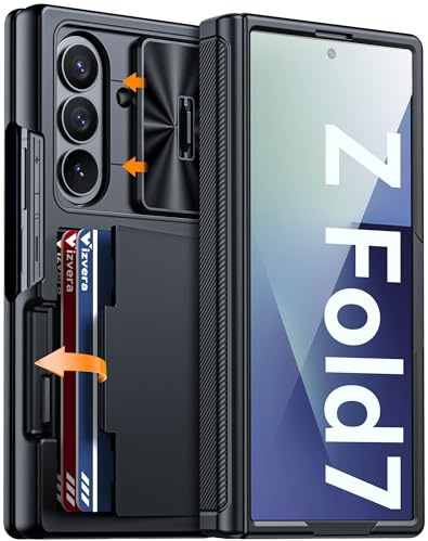 Vizvera for Samsung Galaxy Z Fold 7 Case With RFID Card Holder, HD Tempered Glass Screen Protector, Slide Camera Cover, Hinge Protection, Anti-Scratch Shockproof Wallet Phone Cover for Z Fold 7, Black