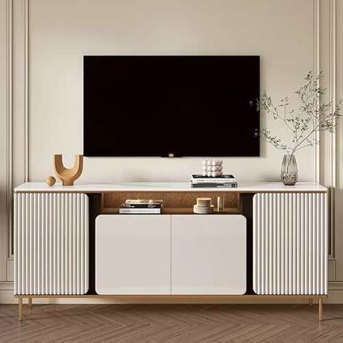 Meuble TV en pierre blanche - 120 x 80 cm - Convient au salon et à la chambre à coucher avec 2 armoires de rangement pour téléviseurs