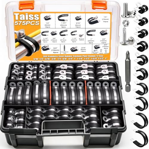 Taiss 320PCS Cable Clamps Assortment Kit 304 Stainless Steel Rubber Cushion Pipe Clamps 12 Sizes 3/16 1/4 5/16 3/8 1/2 5/8 3/4 1 1-1/4 1-1/2 1-3/4 2 Wire Clamp(with Two Kinds of Screws)