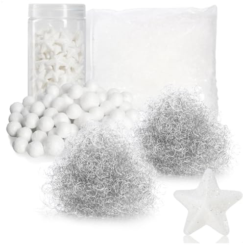 com-four® 5-teiliges Bastelset, Deko Schnee Kugeln, Engelshaar | Deko Sterne & Kunstschnee - Kreatives Zubehör für Weihnachtsdeko - Winterbasteln & festliche Handarbeiten