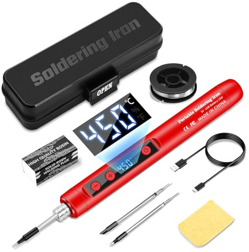 Daakro 2-in-1 Akku Lötkolben Set,180-450℃ mit einstellbarer Temperatur | mit LED-Anzeige USB-aufladbares lötkolben mit Lötdraht, Werkzeugkasten, Akku-Lötkolben-Set, 3 Lötkolbenspitzen usw(Rot)