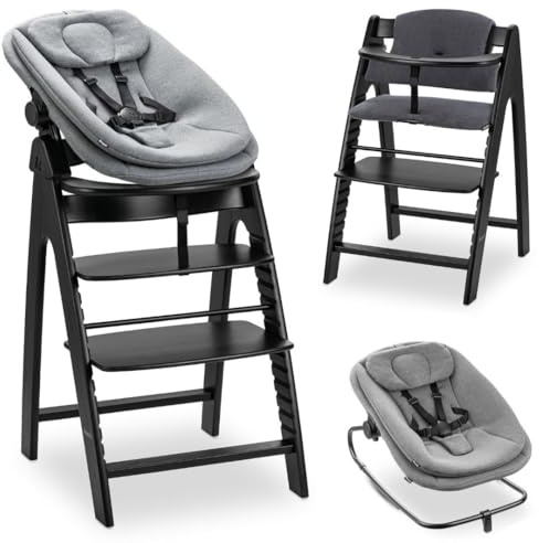 hauck Arketa Hochstuhl Newborn Set mit Highchair Bouncer - Blackwashed | Mitwachsender Holz Kinderhochstuhl ab Geburt bis 130 kg | inkl. Baby Neugeborenenaufsatz & Sitzkissen