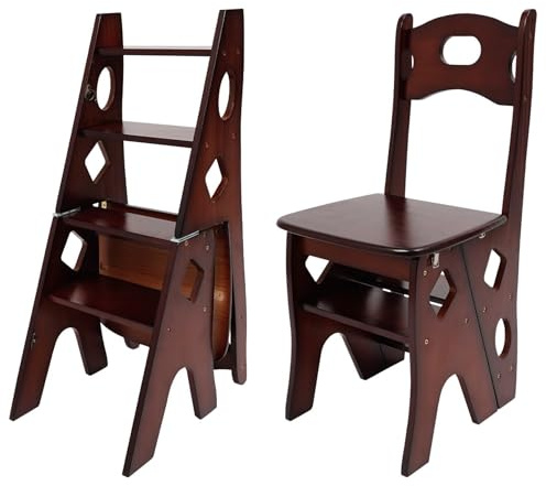 RjcdOPL Escabeau Chaise 2-en-1 à 4 Marches, Chaise Échelle Pliable, Bois de Pin Verni, Capacité 100 kg, Léger et Polyvalent, pour Salon, Cuisine, Bibliothèque, Jardin (Noyer)