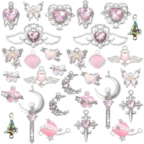 PH PandaHall 30pcs Gothic Charms Pendants Pink Crystal Charms, 15 Styles Butterfly Heart Moon Cross Alloy Pendants for Necklace Bracelet Earring Jewellery Making DIY Crafts