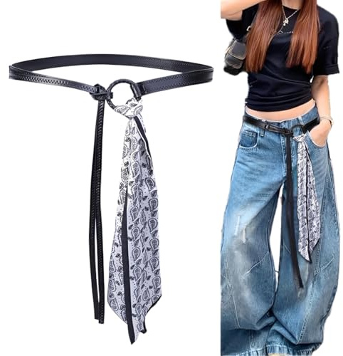 LEPGUYO Taillengürtel Damen Elastischer, Schmaler Stretchgürtel Für Kleider Jeans, Punk Retro Amerikanischer Stil, Schwarz Seidentuch Gürtel Für Karneval Festliche Dekoration