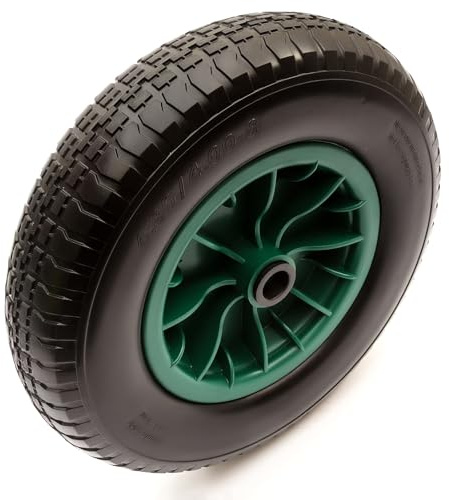 4.80/4.00-8 Green Wheel & PU Solid Tyre 15 Puncture Proof Flat Free 12mm, 13mm, 16mm, 20mm, 25.4mm Bushes Bearings Wheelbarrow Barrow Cart 100kg Load 4.80-8 4.00-8 (25.4mm / 1 Inch Bushes)