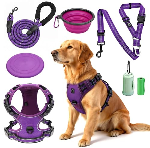 Hundegeschirr, Anti-Zug Hundegeschirr Set & Leine | Inkl. Auto Sicherheitsgurt, Faltbare Näpfe & Kotbeutelspender | Für kleine bis große Hunde | Ideal für Spaziergänge, Training & Reisen