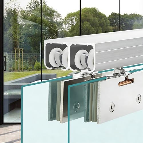 EXCLURA Schiebetür Schiene Aluminium Doppelkanal Schienensystem Kit, Rahmenlose Schiebetürbeschläge aus Glas für Scheunentüren, Schwerlast Bypass Taschen Türschienen Set(400cm (13.1ft))