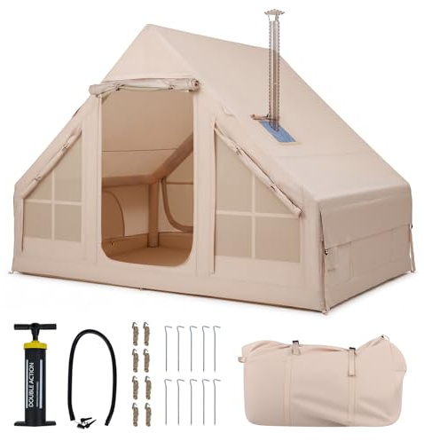 TANGZON Inflatable Camping Tent with Stove Jack, 4 Season Blow Up Tent with Pump, AC Port, Mesh Windows & Carry Bag, Waterproof Air Tent for 4 Person Glamping, Hiking & Outdoor Camping
