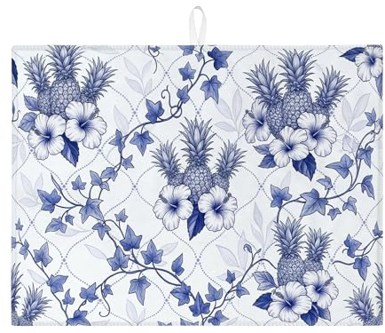Tapetes de secado de platos florales azules para encimera de cocina, tapete escurridor de platos absorbente de piña e hiedra, almohadilla de secado de microfibra de primavera para protector de barra