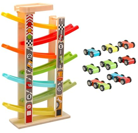 Gralara Holz Autorennbahn Rennstrecke Rutschauto Spielzeug Starterbahn Holzspielzeug für Kinderzimmer Hand Auge Koordination Kommunikationstraining, 7 Gleise und Parkplätze