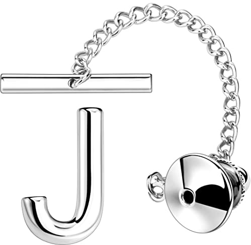 AMITER Men Tie Tack, Initial A-Z Silver Tie Pin with Chain Clips for Necktie, Bow Tie & Hat