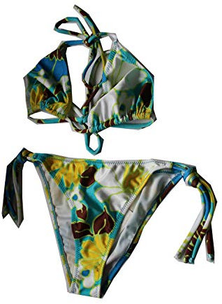 Extyn Beachwear Damen Bikini-Set Gr. M fällt Aber Kleiner aus. S (36-38) Farbe: Türkis/Braun/Weiss/Gelb mit Blumenmuster Triangel-Bikini
