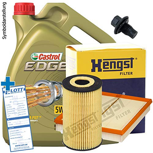 Ölwechsel Set Inspektion Servicekit 5L Castrol Edge Titanium C3 5W-30 Motoröl + Hengst Ölfilter + Hengst Luftfilter + Öl Ablassschraube Verschlussschraube
