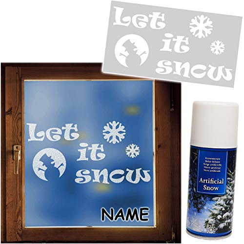 alles-meine.de GmbH Set: Schneespray Dose + große XL Schablonen Vorlage - Text: Let it Snow + Schneemann/Weihnachten - inkl. Name - 50 cm - Kunstschnee Schneebild - für Fenster..