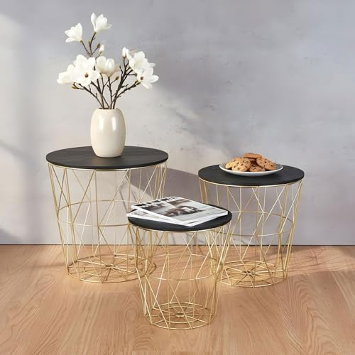 levandeo 3er Set Beistelltisch Metall Metallkorb Drahtkorb Gold Schwarz Couchtisch Deckel Aufbewahrung Design Deko Tisch