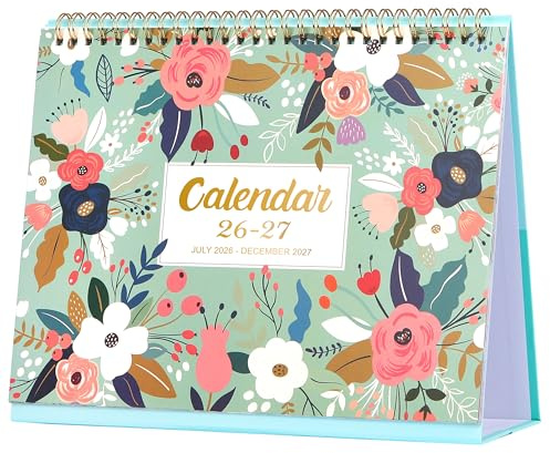 Desk Calendar 2026-2027 - Standing Flip 2026-2027 Desktop Calendar with Thick Paper, 9.8 x 8.3, Jul. 2026 - Dec. 2027, Memo Pages + Twin-Wire Binding + Unruled Blocks - Green and Pink